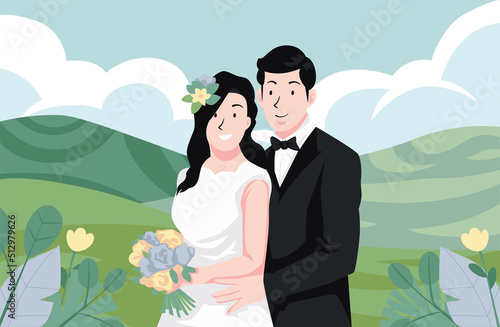 Colorful wedding day bride and groom couple marriage ceremony with hill landscape and scenery vector illustration