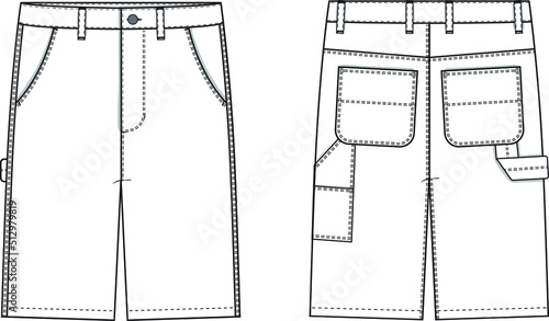 Carpenter Shorts Flat Technical Drawing Illustration Blank Workwear Streetwear Mock-up Template for Design and Tech Packs CAD Skate