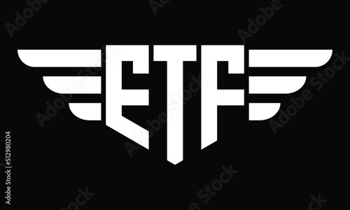 ETF three letter logo, creative wings shape logo design vector template. letter mark, wordmark, monogram symbol on black & white.