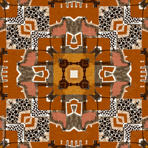 Brown safari animal print patchwork seamless pattern. Natural quilt clash damask style in brown printed fabric effect. Modern tribal abstract. Africa inspired craft background. photo