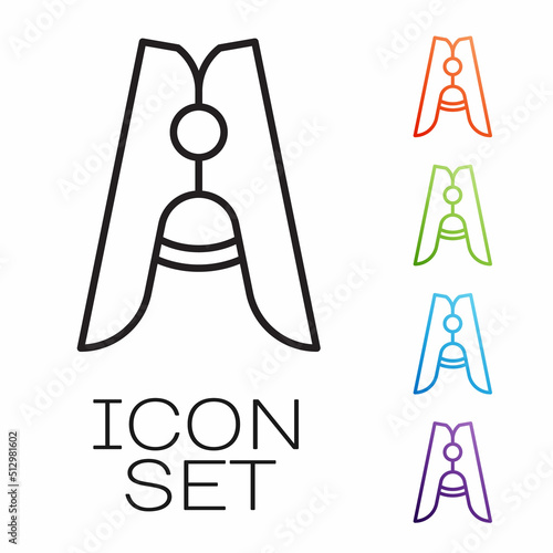 Black line Old wood clothes pin icon isolated on white background. Clothes peg. Set icons colorful. Vector