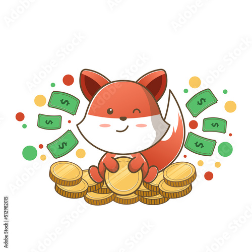 fox sitting on coin with dollar bill flying