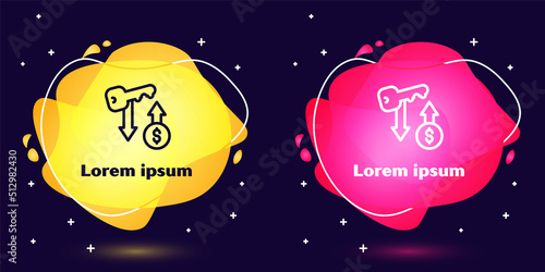 Set line Rent key icon isolated on blue background. The concept of the house turnkey. Abstract banner with liquid shapes. Vector