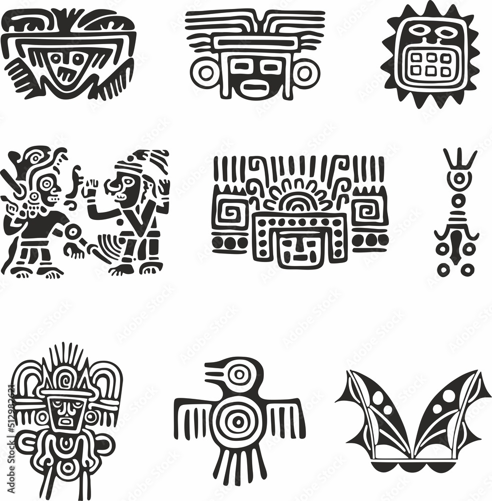 Fototapeta premium Vector set of monochrome Indian symbols. National ornament of native americans, aztecs, maya, incas.