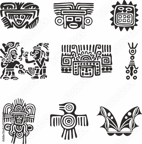 Vector set of monochrome Indian symbols. National ornament of native americans, aztecs, maya, incas. photo