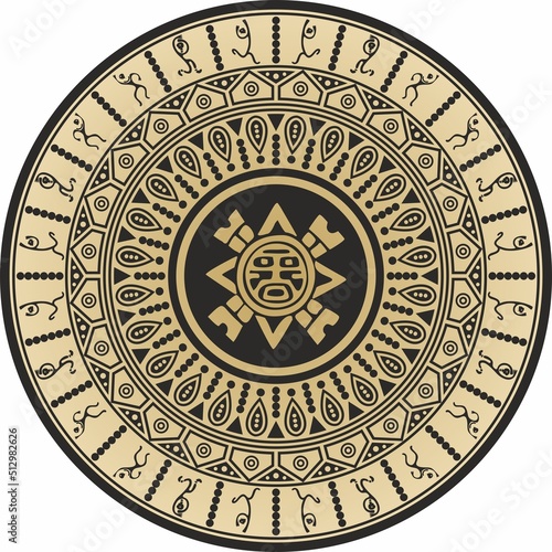 Native American vector round gold pattern. Geometric shapes in a circle. National ornament of the peoples of America, Maya, Aztecs, Incas