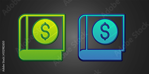 Green and blue Financial book icon isolated on black background. Vector