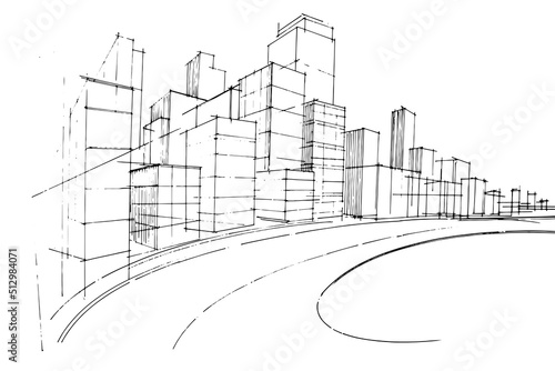 Line drawing of buildings in a big city modern design vector 2d illustration