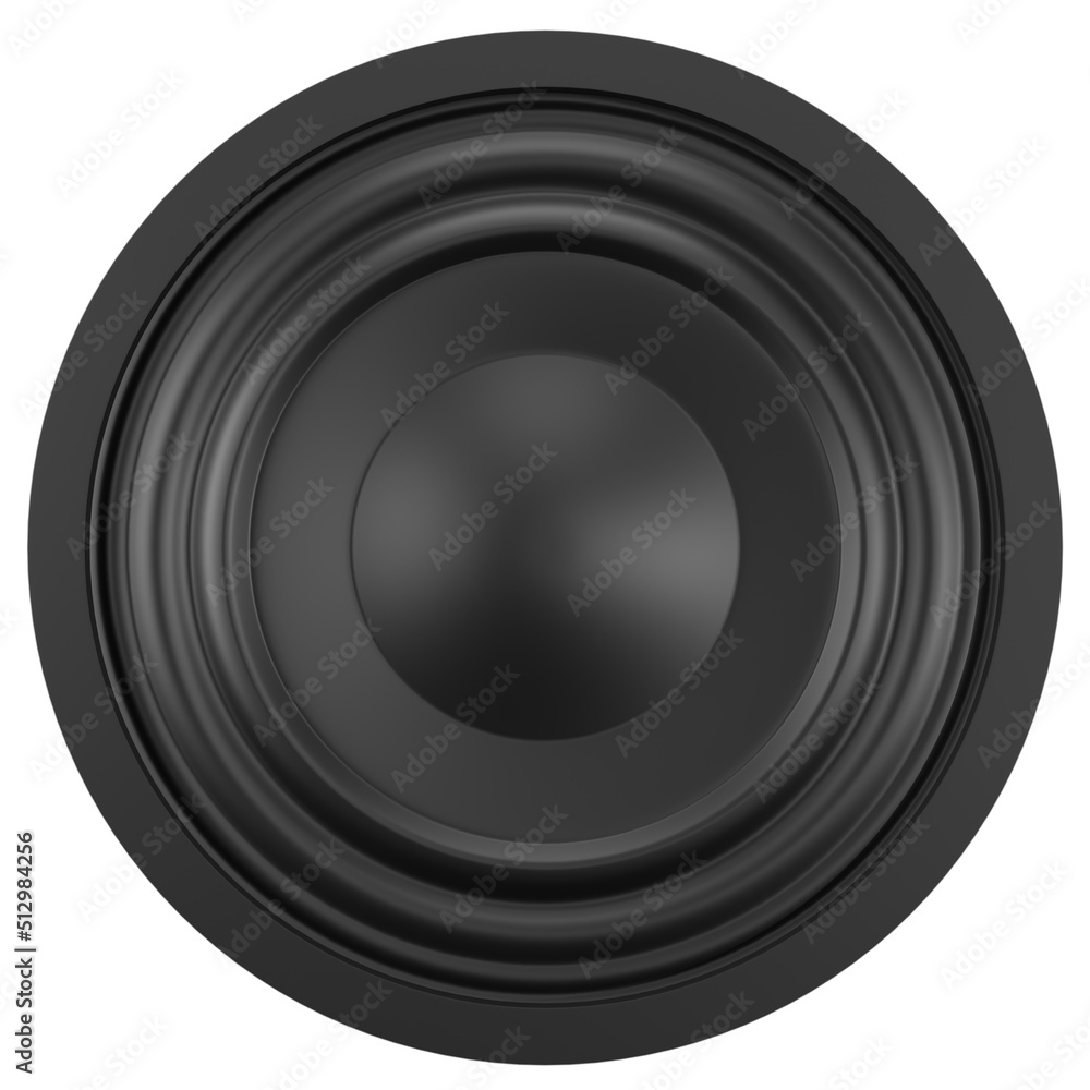 Music audio speaker 3d render. technology sound power bass stereo system black studio background isolated on white. 3D rendering illustration. Music audio speaker 3d render. technology sound power bass stereo system black studio background isolated on white. 3D rendering illustration.