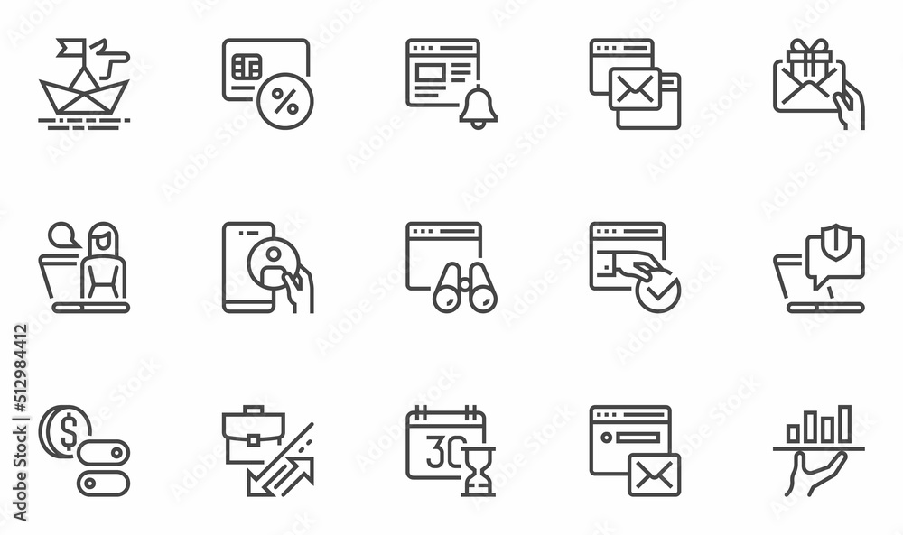 Business Related Vector Line Icons Set. Digital Business, Financial Services, Solution for Customers. Editable Stroke.