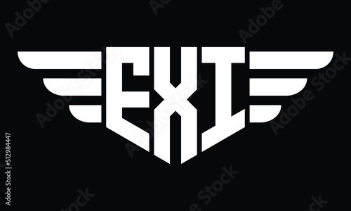 EXI three letter logo, creative wings shape logo design vector template. letter mark, wordmark, monogram symbol on black & white.	 photo