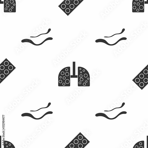Set Pills in blister pack, Virus cells in lung and Ebola virus disease on seamless pattern. Vector