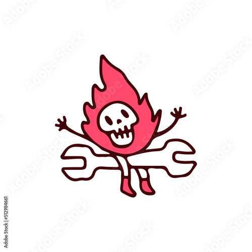 Burning skull mascot character sitting on wrench, illustration for t-shirt, street wear, sticker, or apparel merchandise. With retro, and cartoon style.