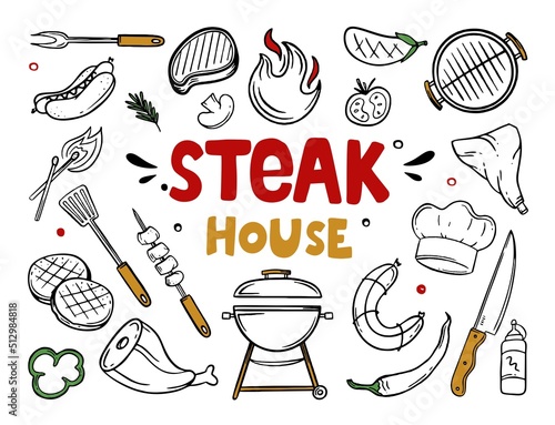 Steak house hand-drawn menu items of restaurant bar cafe Vector illustration of barbecue food doodles