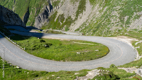 San Gottardo, Switzerland. Amazing view of the bends of the pave road leading to the mountain pass. Grand tour. Historical route