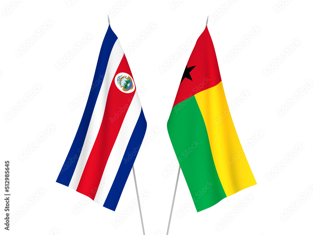 National fabric flags of Republic of Costa Rica and Republic of Guinea Bissau isolated on white background. 3d rendering illustration.