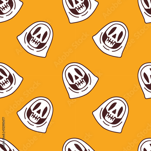 White grim reaper skull on orange background seamless pattern. Modern vintage, pop art style seamless pattern concept.