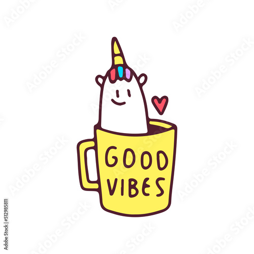Cute unicorn inside a cup of coffee, illustration for t-shirt, street wear, sticker, or apparel merchandise. With retro, and cartoon style.