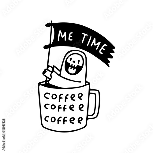 Grim reaper skull holding flag inside a cup of coffee, illustration for t-shirt, street wear, sticker, or apparel merchandise. With retro, and cartoon style.