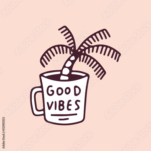 Palm tree inside a cup of coffee, illustration for t-shirt, street wear, sticker, or apparel merchandise. With retro, and cartoon style.