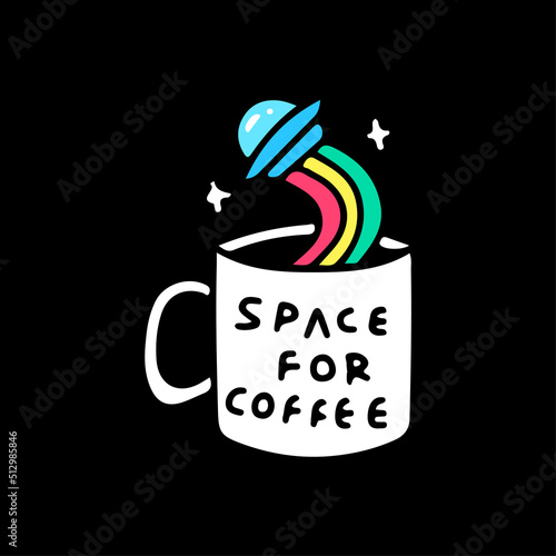 UFO spaceship and cup of coffee , illustration for t-shirt, street wear, sticker, or apparel merchandise. With retro, and cartoon style.