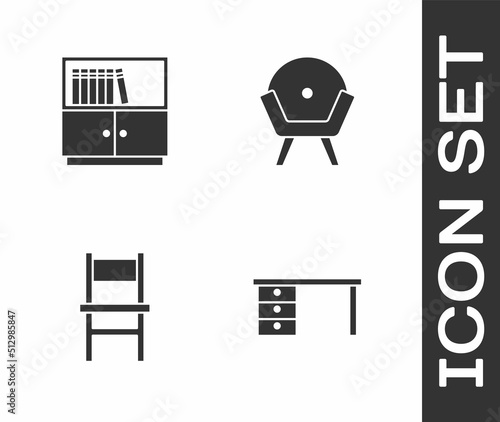 Set Office desk, Library bookshelf, Chair and Armchair icon. Vector