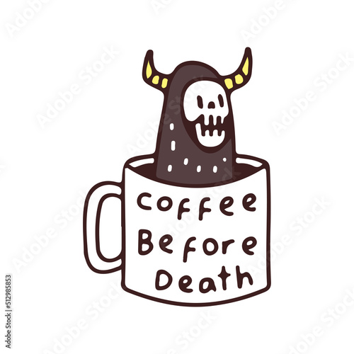Trendy Devil skull inside a cup of coffee, illustration for t-shirt, street wear, sticker, or apparel merchandise. With retro, and cartoon style.