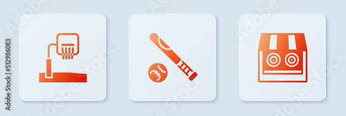 Set Baseball bat with ball, Basketball backboard and Shooting gallery. White square button. Vector