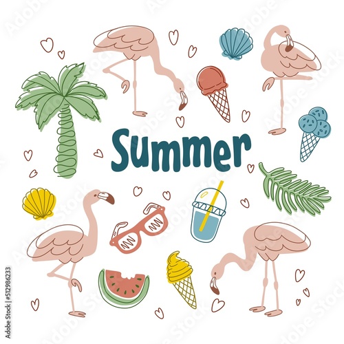 Set of colorful summer elements with pink flamingo isolated Set of cute summer icons. Hand drawn illustration. Flamingo, tropical palm leaves,ice cream, food, drinks. Summertime poster, scrapbooking