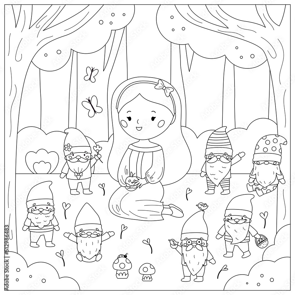 Coloring page with Snow White and the Seven Dwarfs. Cute cartoon kawaii characters. Classic fairy tale for kids. Beauty princess and gnomes on forest background. Vector illustration for coloring book.