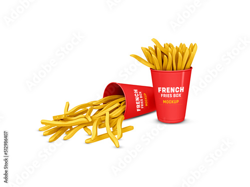 French fry box mockup. Blank bucket for popcorn, chicken wings or legs red mockup isolated on white background. Popcorn in red bucket cup mockup or mock up template. 3D rendered Illustration.