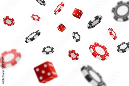 Vector illustration, casino background with casino chips game dice on white background. 3d background for casino games