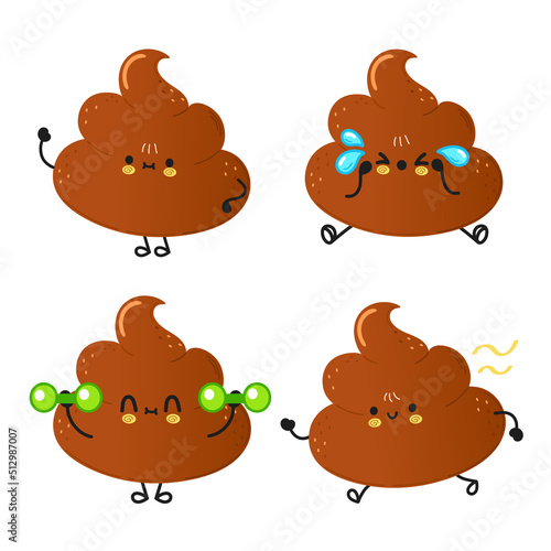 Funny cute happy poop characters bundle set. Vector hand drawn doodle style cartoon character illustration icon design. Cute turd mascot character collection