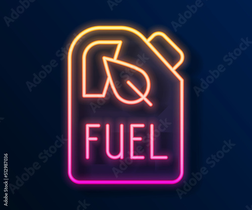 Glowing neon line Bio fuel canister icon isolated on black background. Eco bio and barrel. Green environment and recycle. Vector