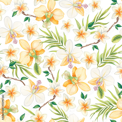 Watercolor seamless tropical pattern. Palm leaves  orchid flowers  frangipani plumeria on a white background  botanical watercolor.The hand-painted  paradise jungle  background is perfect for textiles