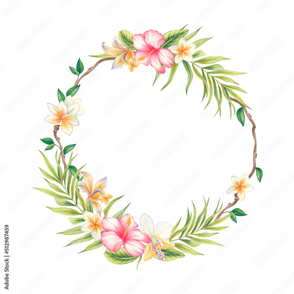 Fototapeta premium Watercolor floral illustrations - a wreath with tropical green leaves and bright flowers, for wedding gifts, greetings, wallpapers, fashion, backgrounds, textures, crafts, wrappers, postcards, etc.