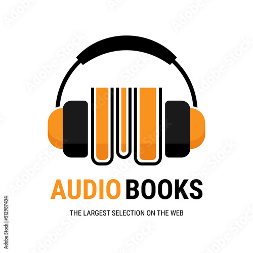 Audiobook store logo. Stack of books with headphones.