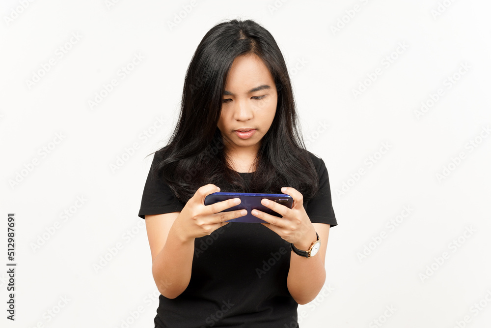 Playing Mobile Game on Smartphone of Beautiful Asian Woman Isolated On White Background Playing Mobile Game on Smartphone of Beautiful Asian Woman Isolated On White Background