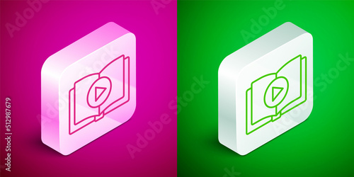 Isometric line Audio book icon isolated on pink and green background. Play button and book. Audio guide sign. Online learning concept. Silver square button. Vector