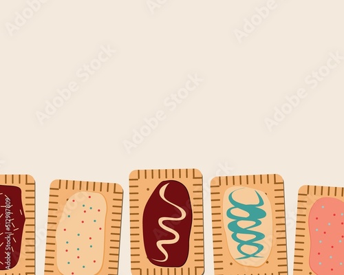 Homemade Pop-tarts made from scratch, flat vector stock illustration with Fashionable food, chocolate and glazed cookies as copy space back