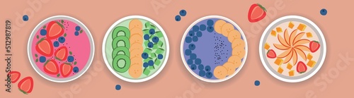 Smoothie bowls set, flat vector stock illustration with healthy vegan food, berries and fruits isolated