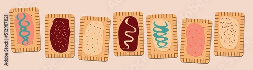 Homemade Pop-tarts made from scratch, flat vector stock illustration with set or collection of glazed cookies
