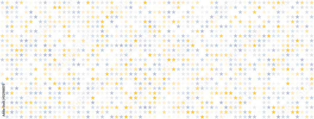 Light abstract background, vector texture with halftone yellow and violet stars. Horizontal panoramic template for ads, leaflets, website, web page, wallpaper, posters, card. Cute falling trim pattern