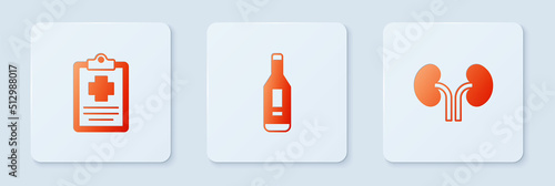 Set Digital thermometer, Patient record and Human kidneys. White square button. Vector