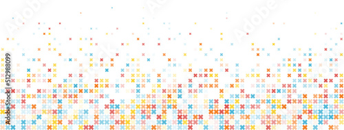Light multicolor abstract background in crosses, colorful texture. Festive horizontal panoramic illustration in trendy colors. Fun template for ad, web page, poster, banner. Border bottom, copy space