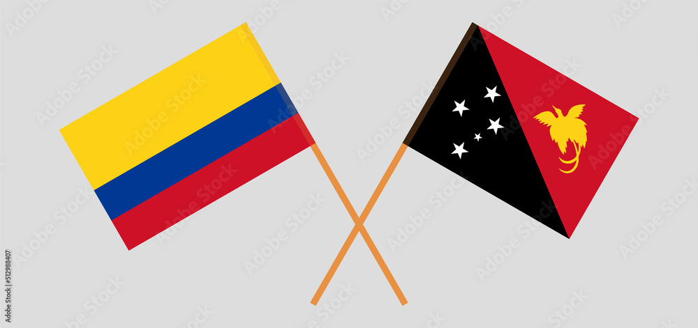 Crossed flags of Colombia and Papua New Guinea. Official colors. Correct proportion Crossed flags of Colombia and Papua New Guinea. Official colors. Correct proportion