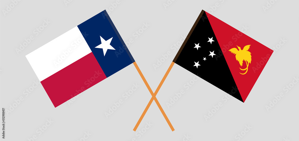 Crossed flags of the State of Texas and Papua New Guinea. Official colors. Correct proportion Crossed flags of the State of Texas and Papua New Guinea. Official colors. Correct proportion