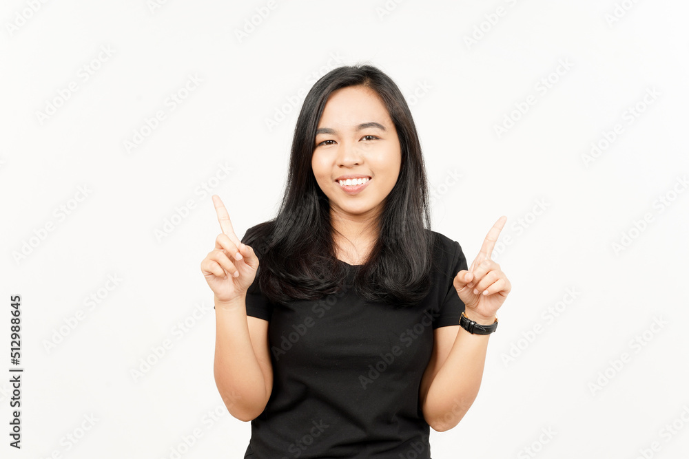 Showing Product and Pointing Up of Beautiful Asian Woman Isolated On White Background Showing Product and Pointing Up of Beautiful Asian Woman Isolated On White Background