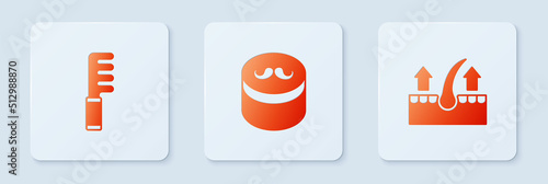 Set Gel or wax for hair styling, Hairbrush and Human follicle. White square button. Vector
