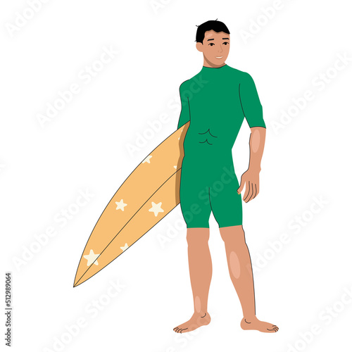 Brunette guy surfer in a swimsuit holds a surfboard in his hands. Vector graphic.